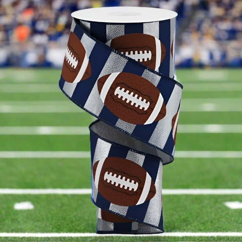 Craig Bachman 2.5" Footballs On Stripe Ribbon: Silver & Navy (10 Yards) for Gift Wrapping, Football Theme, Sports Wired Ribbon, Bow, DIY Crafting...