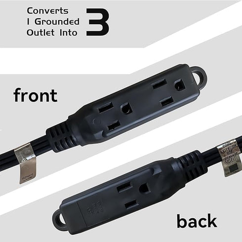 HONDERONS 6FT 3 Outlets Black Extension Cord with Flat Plug, 14/3 SPT-3 Extension Cable 3 Prong Grounded, Durable Power Cable for Home, Office...