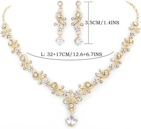 Wedding Necklace Bride Rhinestone Floral Necklace Earring Set Bridal Jewelry Sets Prom Party Teardrop Dangle Necklace and Earring Drop...