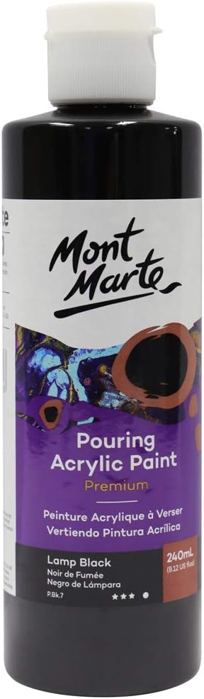 Mont Marte Premium Pouring Acrylic Paint, 240ml (8.11oz), Lamp Black, Pre-Mixed Acrylic Paint, Suitable for a Variety of Surfaces Including Stretc...