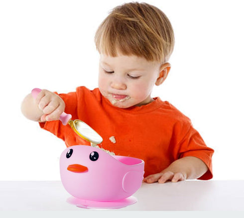 Silicone Baby Bowl Stay Put as Independent Eater Led Weaning Supply,The Ducky Cartoon Suction Dishware with Protrusion is Spill and Topple Proof f...