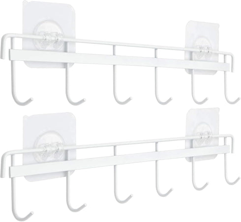 YiZhi Adhesive Wall Hooks Rack Kitchen Rail, Space Saving Utensil Holder No Drilling Wall Mounted Accessory Hanger with 6 Hooks for Kitchen Bathro...