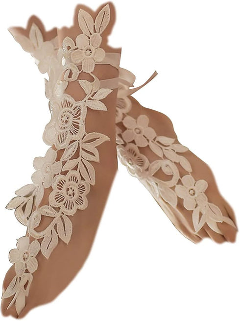 Sexy Flower Lace Anklet with Toe Ring for Women, Bowknot Tie Strap Embroidery Floral Lace Anklets for Wedding Barefoot Beach Sandals Jewelry...