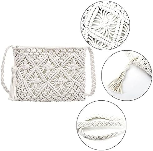 Women Small Cotton Crochet Cross-body Bag Bohemian Shoulder Bag Purse...