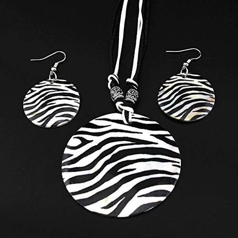 Zebra Stripes Shell Jewelry Set - Black and White Stripe Round Pendant Necklace and Earrings for Women Statement Stylish Jewelry...