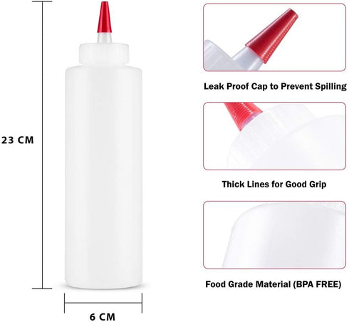 16oz Squeeze Bottles with Red Cap-Pack of 2 Wide Mouth, Leak Proof Refillable Condiment Container for Kitchen Use...