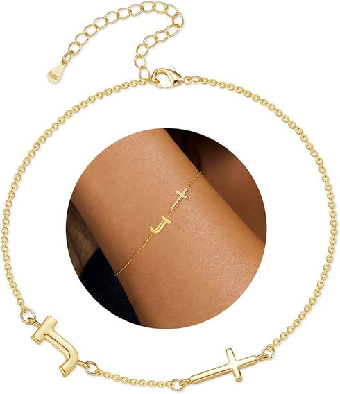 14K Gold Filled Initial Cross Bracelet,Sterling Silver Cross Bracelet Minimalist Tiny A-Z Letter Gold Chain Bracelet for Women Dainty Cross Jewelr...