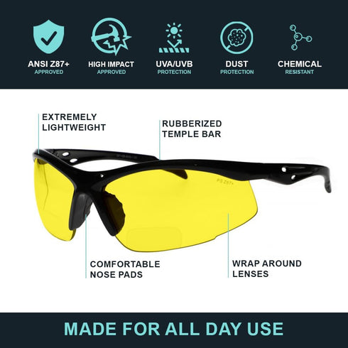 Bifocal Safety Glasses - Safety Glasses with Readers for Healthcare, Woodworkers, Motorcyclists, Workshop - Ansi Z87+ - Polycarbonate Lenses - (Ye...