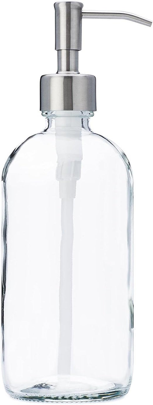 Clear Glass Jar Soap and Lotion Dispenser with Stainless Steel Pump - 16 oz (1)...