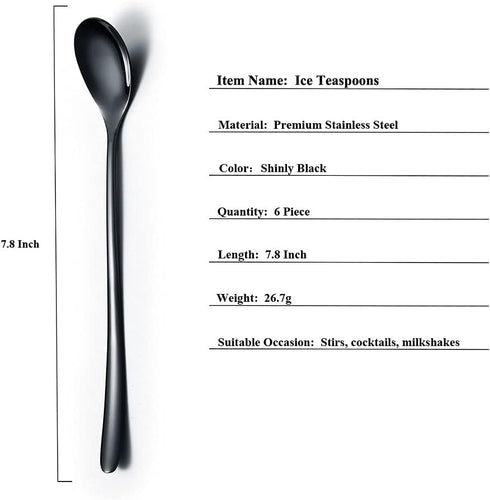 Black Long Handle Spoon, Coffee Stirrers, Premium Stainless Steel Ice Tea Spoons, Ice Cream Spoon, Cocktail Stirring Spoons, Set of 6 (Black)...
