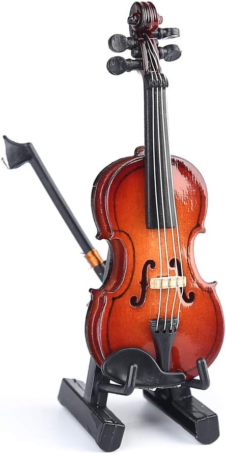 Dselvgvu Wooden Miniature Violin with Stand,Bow and Case Mini Musical Instrument Miniature Dollhouse Model Ornament Home Decoration (3.15"x1.18"x0...