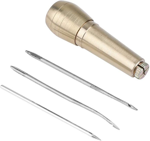 Copper Handle Sewing Awl, 1 Set Shoe Repair Tool, 3 Needles Sewing Awl Repair Tool, Hand Stitcher Kit, Leathercraft Sewing Handle, Awl...