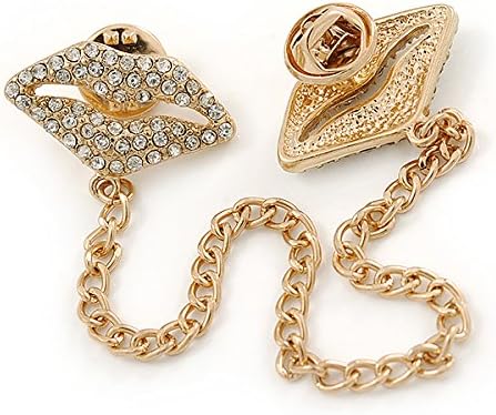 Clear Crystal Lips Collar Chain Pin Brooch In Gold Plated Metal...