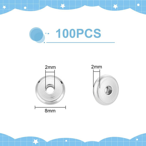 PH PandaHall 100pcs 8mm Stainless Steel Spacers Beads 2mm Hole Flat Round Beads Spacer Metal Loose Spacers Beads Charm Jewelry findings for Neckla...