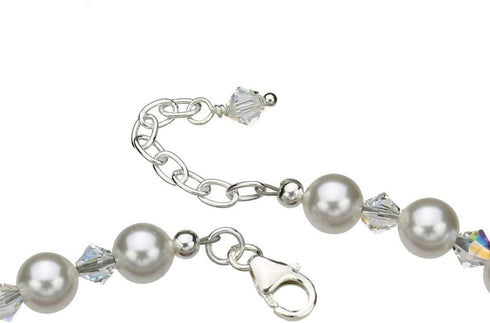 Sterling Silver Ankle Bracelet, Crystal Simulated Pearls 9"+1" Extender...
