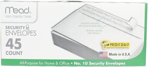 Mead Press-it Seal-it No.10 Security Envelopes, 4.125 x 9.5-Inches, White, 45 Count, Pack of 2 (90 Count In Total)( 75026)...
