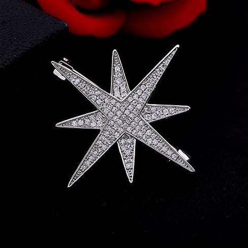 Victorian Style Full Micro Pave Double Layered 8 Pointed Burst Star Brooches Pins Celestial Jewelry...