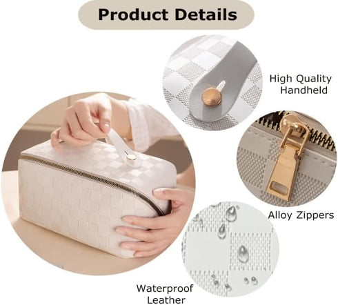 Large Capacity Travel Cosmetic Bag, Makeup Organizer Bag for Women, Portable Checkered Makeup Bags | PU Leather waterproof Skincare Bag with handl...
