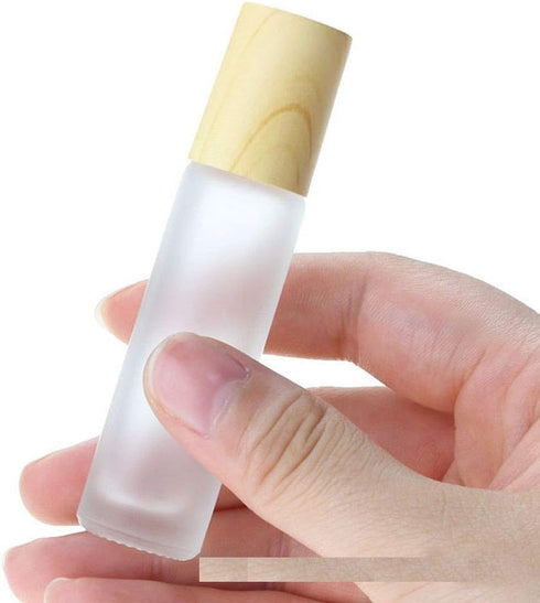 3Pcs Empty Translucent Frosted Glass Cosmetic Containers with Wood Grain Cap, 1 30ml Round Jar+1 20ml Eye Dropper Bottles+1 10ml Roller Bottles fo...