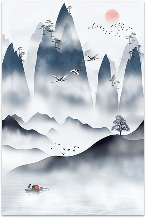 Landscape Painting Chinese Style Poster, Natural Tranquility Watercolor Landscape Mountain Canvas Wall Art, Modern Botanical Wall Art 12x18in...