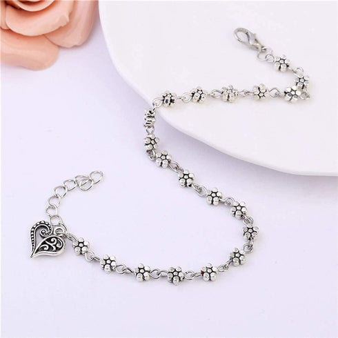 Boho Flower Ankle Bracelets Silver Heart Hanging Anklets Beach Foot Bracelet Jewelry for Women(1PCS)...