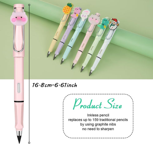 Forever Pencil,6PCS Everlasting Pencil with Extra 6 Removable Cartoon Decorations 6 Replaceable Nibs Reusable Inkless Pencils Magic Pencil Set for...