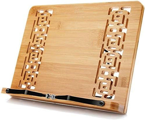 XL Large Size Bamboo Book Stand Cookbook Holder Reading Desk Bookrest with 5 Adjustable Height, Foldable Tray and Page Paper Clip Portable Sturdy ...