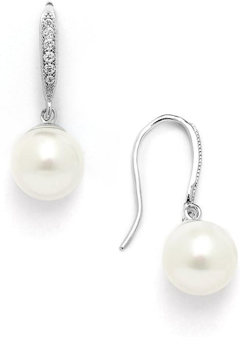 Mariell Pearl Drop Earrings, 8mm, French Wire Top with CZ Crystal for Bride, Wedding or Birthday Gift...