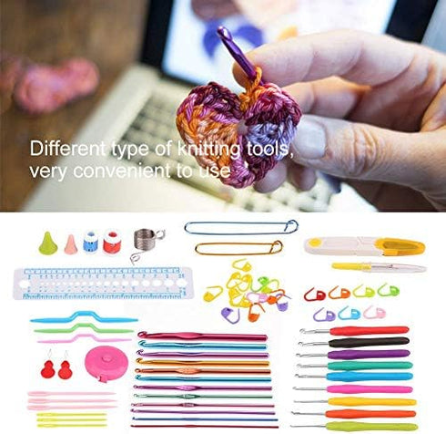 64PCS Crochet Needle Set, Crochet Hook Full Set Yarn Knitting Needles Sewing Tools Knit Gauge Scissors Stitch Marker DIY Craft Tools Coloured Alum...