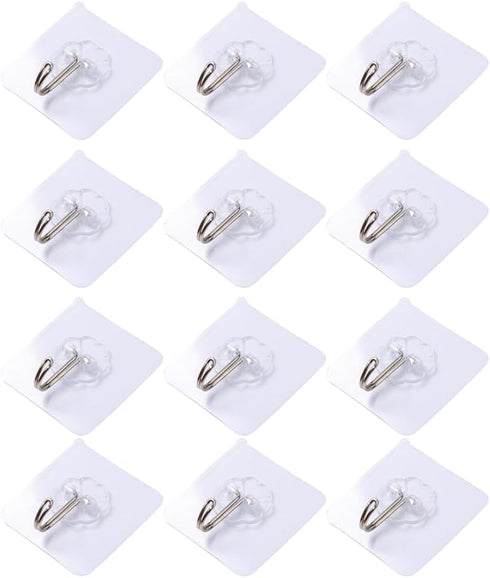 Wall Hooks for Hanging 33lb(Max),Heavy Duty Self Adhesive Hooks 12 Pack Transparent Waterproof Sticky Hooks for Keys Bathroom Shower Outdoor Kitch...