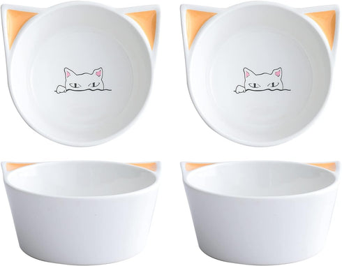 TAMAYKIM Ceramic Kitten Dish, Food and Water Raised Bowls Set for Cats, Porcelain Elevated Stress Free Feeding Pet Dish, 4 Pack, White...