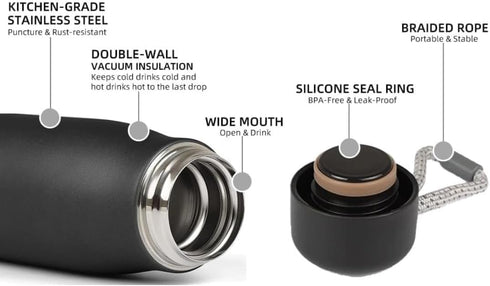 Water Bottle with Portable Lid Metal Thermos Vacuum Insulated Stainless Steel | Reusable Leak Proof BPA-Free Flask | 17oz, Black...