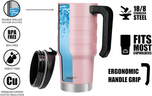 HAUSHOF 24 oz Travel Mug, Stainless Double Wall Vacuum Insulated Tumbler with Handle & Spill Proof Twist On Flip Lid and Wide Mouth, BPA Free (Pin...