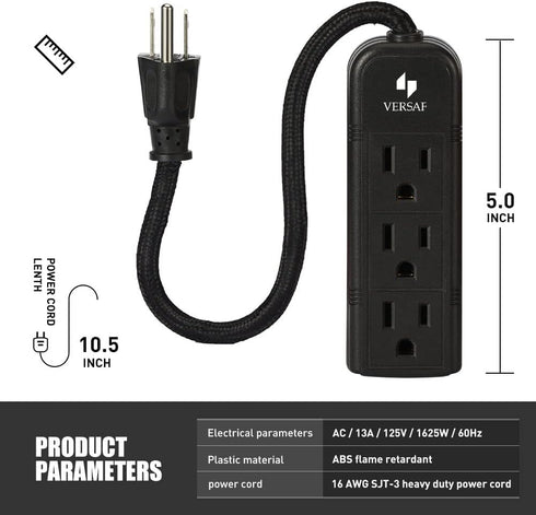 Power Strip 3 Prong Outlet - Slim Black 3 Grounded Outlets Heavy Duty Extension Power Cord Power Strip No Surge Protector with Wall Mount Hole Ide...
