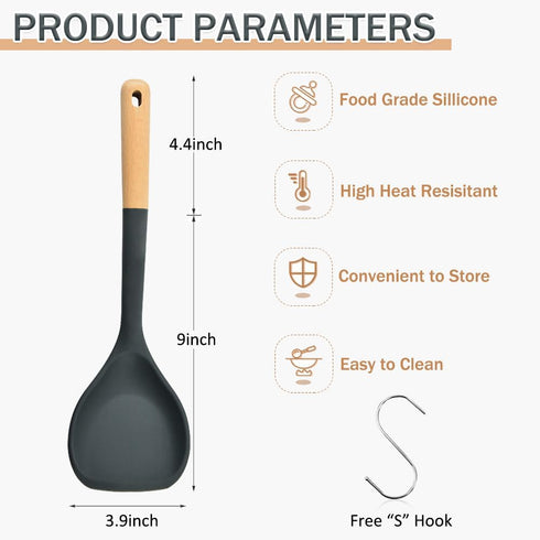 Wok Spatula, Silicone Wok Spatula Turner with Heat Resistant Wooden Handle, Kitchen Utensil Cooking Shovel Scoop Ladle for Scooping, Flipping, Sti...