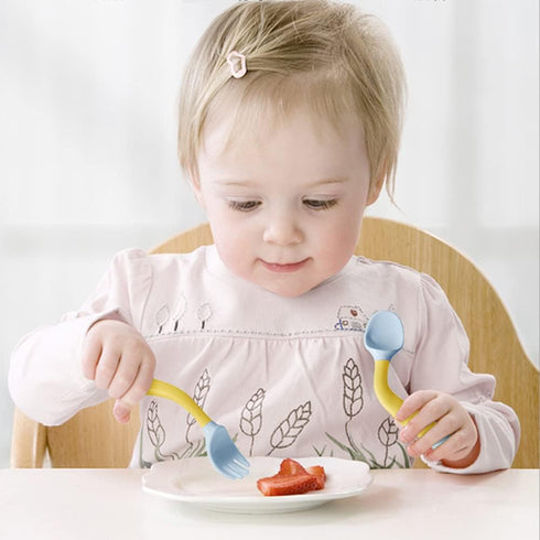 Toddler Utensils with Travel Case, Baby Spoon and Fork Set for Self-Feeding Learning Bendable Handle Silverware for Kid Children (2 Set, Pink&Yell...