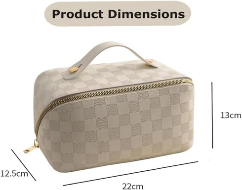 Large Capacity Travel Cosmetic Bag, Makeup Organizer Bag for Women, Portable Checkered Makeup Bags | PU Leather waterproof Skincare Bag with handl...