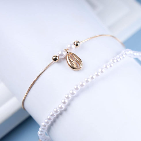 Boho Layered Pearl Ankle Bracelet Gold Shell Anklet Bracelet Vintage Cowrie Anklets Chain Summer Beach Foot Chain Jewelry for Women and Girls 2Pcs...
