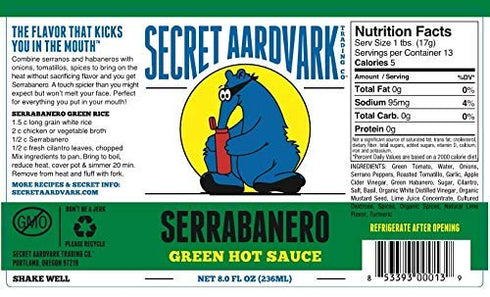Secret Aardvark Serrabanero Green Hot Sauce | Made with Serrano & Green Habanero Peppers | Non-GMO, Low Carb, Low Sugar | Awesome Hot Sauce & Mari...