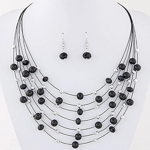 COLORFUL BLING Layered Crystal Beads Necklace and Earrings, Multi-strand Beaded Choker Necklaces for Women Statement Jewelry Wedding Parties Sweat...