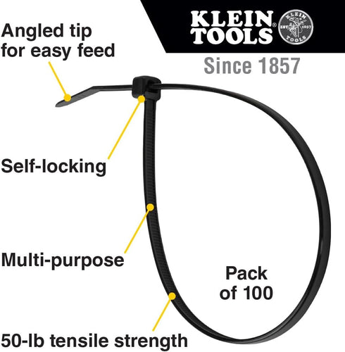 Klein Tools 450-200 Cable Ties, 50-Pound Tensile Strength, Heavy Duty Nylon Cable Zip Ties, Indoor / Outdoor Use, 7.75-Inch, Black, 100-Piece...