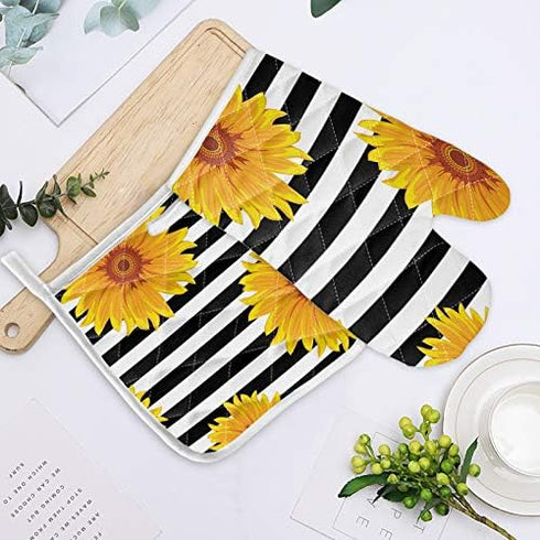 Set of Oven Mitt and Pot Holder, Sunflowers Oven Gloves Heat Resistance Non-Slip Surface for Kitchen BBQ Cooking Baking Grilling, Black White Stri...