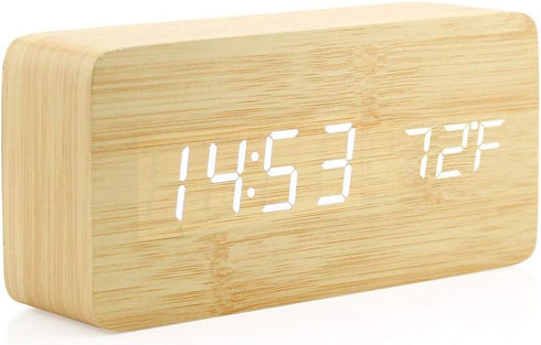 OCT17 Wooden Digital Alarm Clock, Wood Fashion Multi-Function LED Alarm Clock with USB Power Supply, Voice Control, Timer, Thermometer - Bamboo...