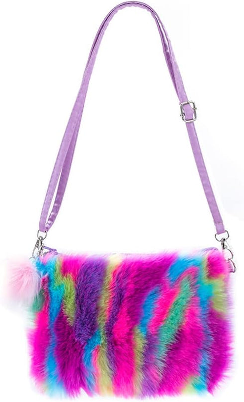 Women Girls Kids Fluffy Fuzzy Bag Plush Tie Dye Rainbow Crossbody Purse Wallet...