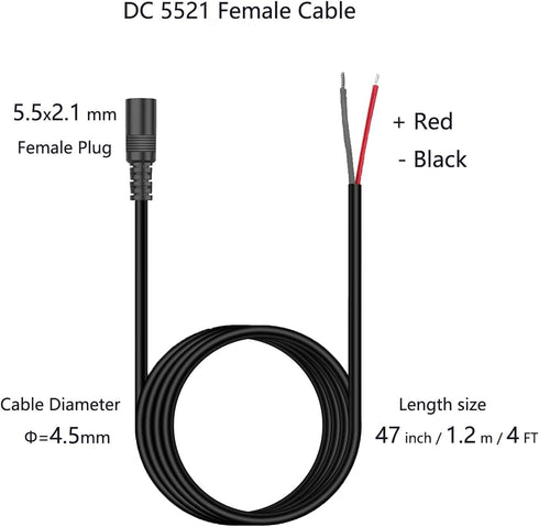 4FT DC 5.5MM x 2.1MM Female Plug to Bare Wire Open End Power Wire Supply Repair Cable,Barrel Connector for CCTV Camera,DVR,LED Strip Light Etc-2 P...