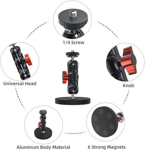 SUREWO Magnetic Camera Mount with Mini Universal Head, Magnetic Mount Base Stand with 1/4"-20 Thread Compatible with GoPro Hero 12 11 10 9 8 7 6 5...