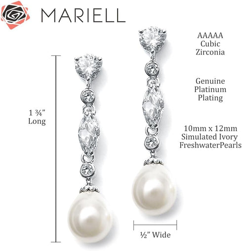 Mariell Pearl Dangle Wedding Earrings with Cubic Zirconia Crystals, Pearl Bridal Earrings, Jewelry for Brides, Homecoming, Mother of the Bride...