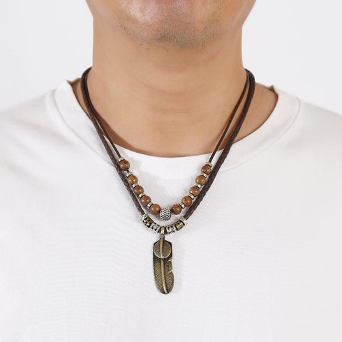 Men Leather Necklace Vintage Style Double Layers Braided Leather Tribal Necklace Boho Hipppie Beaded Artificial Feather Pendant Necklace for Daily...