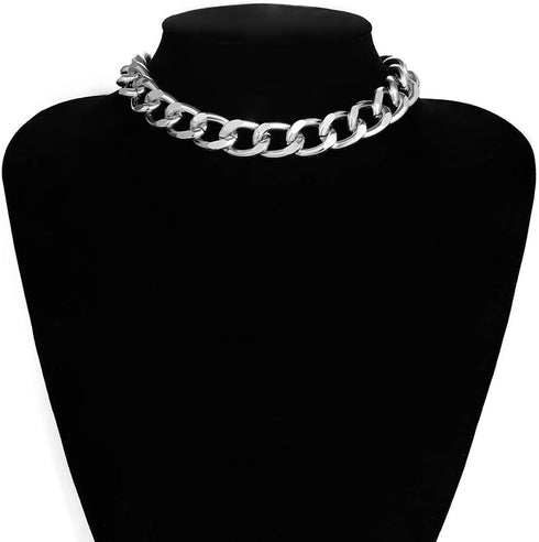 Women's Alloy Choker Necklace Heavy Cuban Chunky Chain Punk Gothic Hip Hop Metal Necklaces - Silver -Small Size...