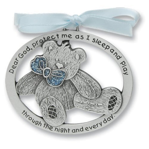 Sweet Teddy Bear Crib Medal for Baby Boy Crib Medal with Verse 2-1/2" Pewter Finish - Christening/Shower Gift/Baptism Keepsake/with Blue Ribbon- I...